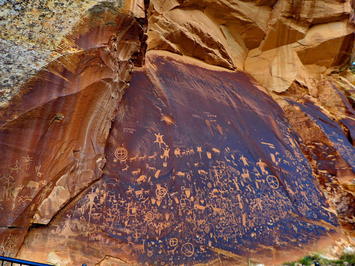 Newspaper Rock with carvings older than 1,500 years on the street to the The Needles section of the Canyonlands National Park